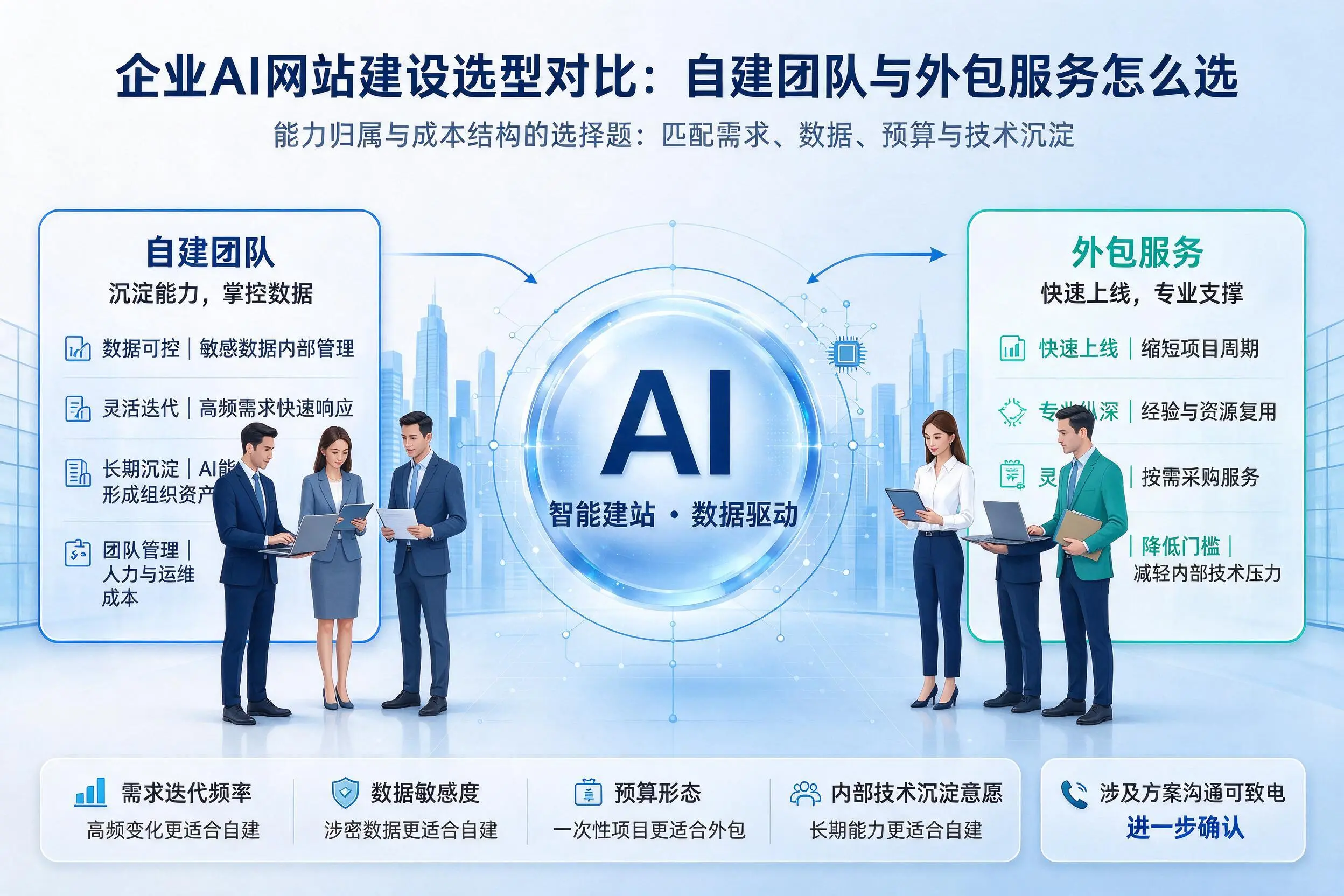海西企业AI网站建设选型对比:自建团队与外包服务怎么选